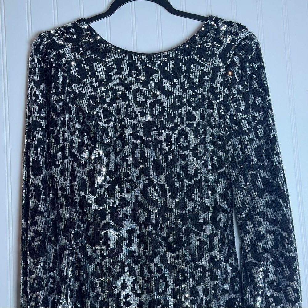 SAYLOR MAURA Sequined Party Cocktail Mini Dress Sz XS Animal Print Long Sleeve - Picture 7 of 11